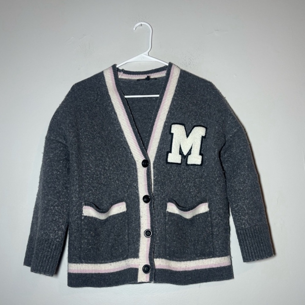 Maje Charcoal Gray College Cardigan With M Patch size XS